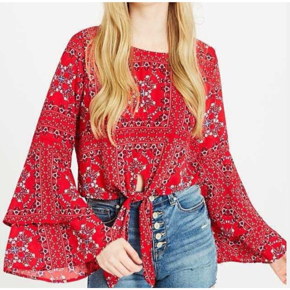 Altar’d State Mackenzie Bell Sleeves Cropped Red Boho Top size medium bohemian
